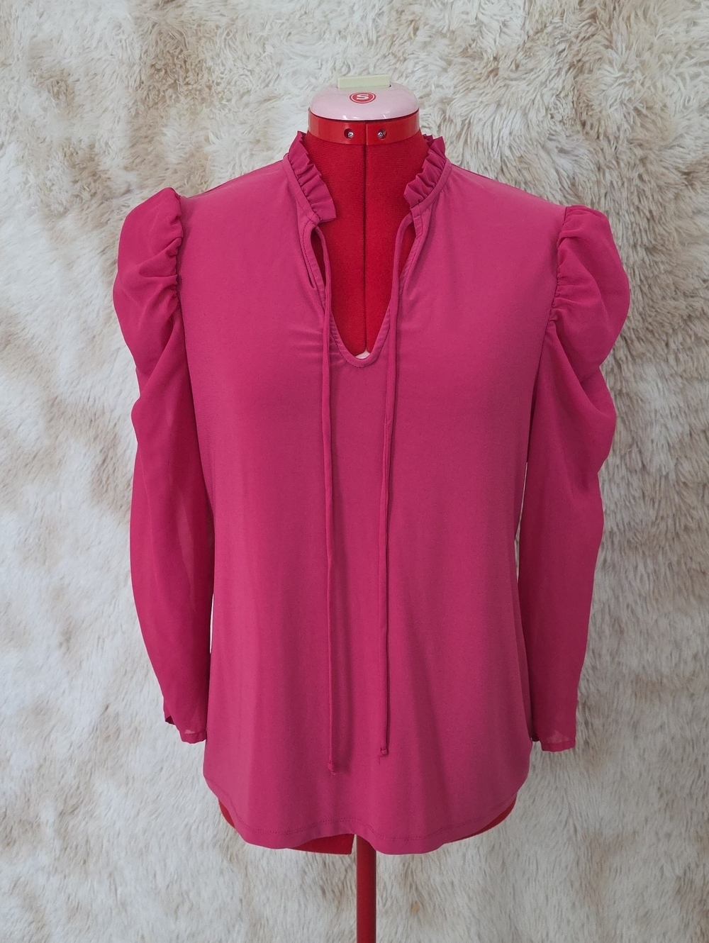 *Perseption Concept Fuchsia Puff Sleeve Tie Neck Blouse Women Large Long Sleeve